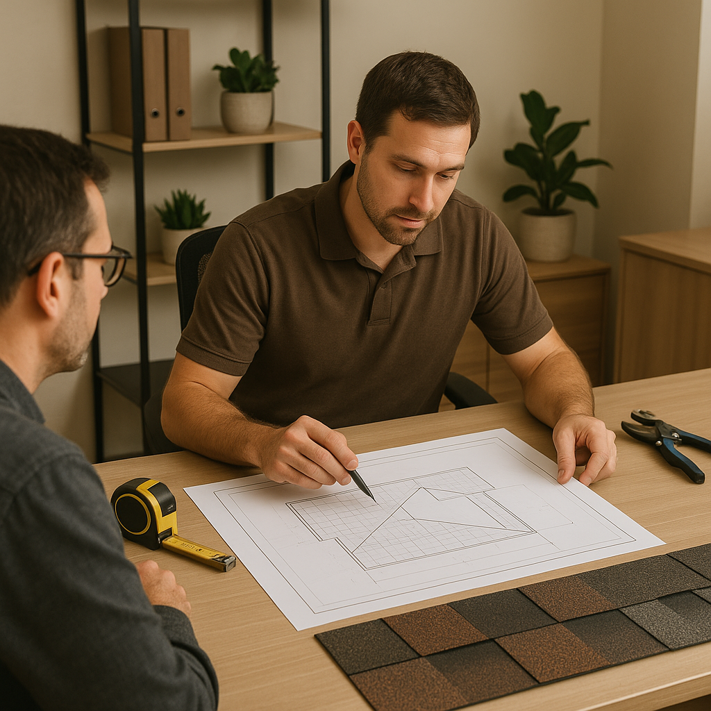 Local roofing contractor in professional office workspace reviewing residential roof estimate and blueprint with sample roofing materials displayed on desk
