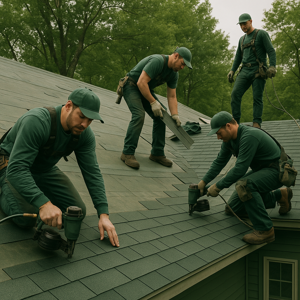 Professional roofing team on residential roof demonstrating quality work and safety standards