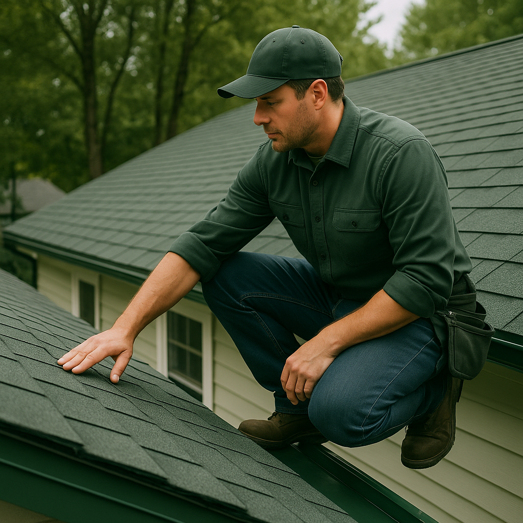 Professional roofing contractor assessing residential roof installation work with expert attention to detail