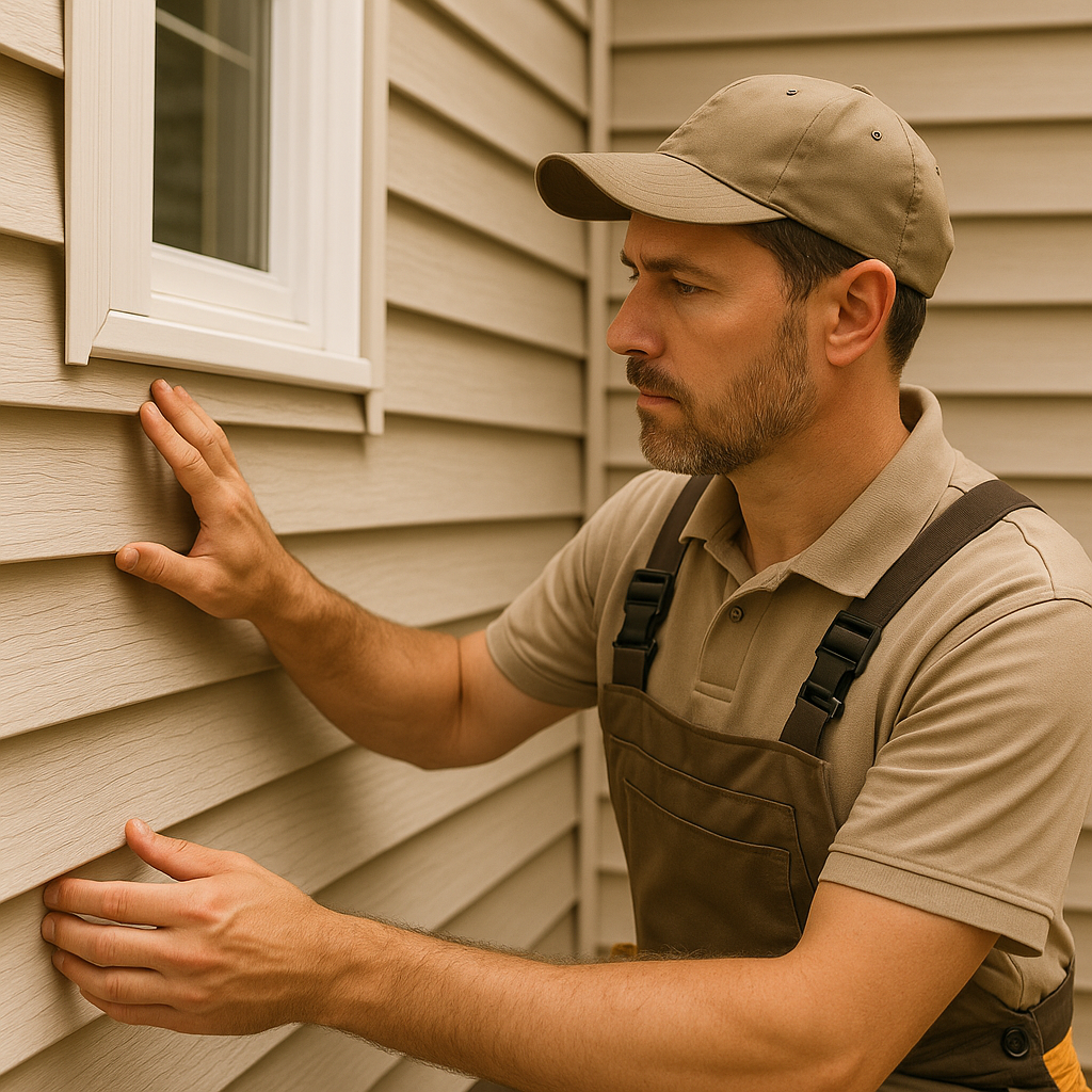 Professional contractor examining vinyl siding installation quality and craftsmanship on residential home