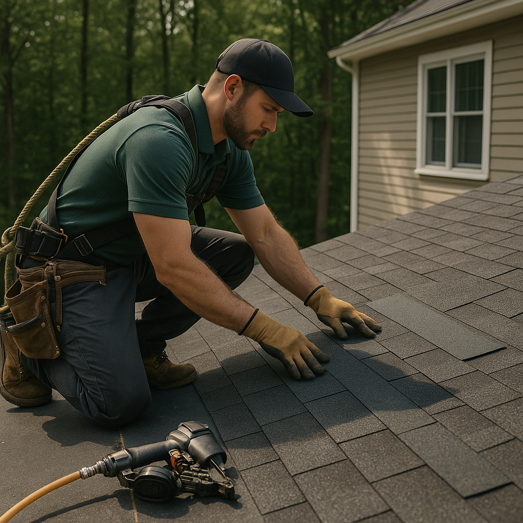 Premium roofing contractor inspecting roof installation with professional equipment