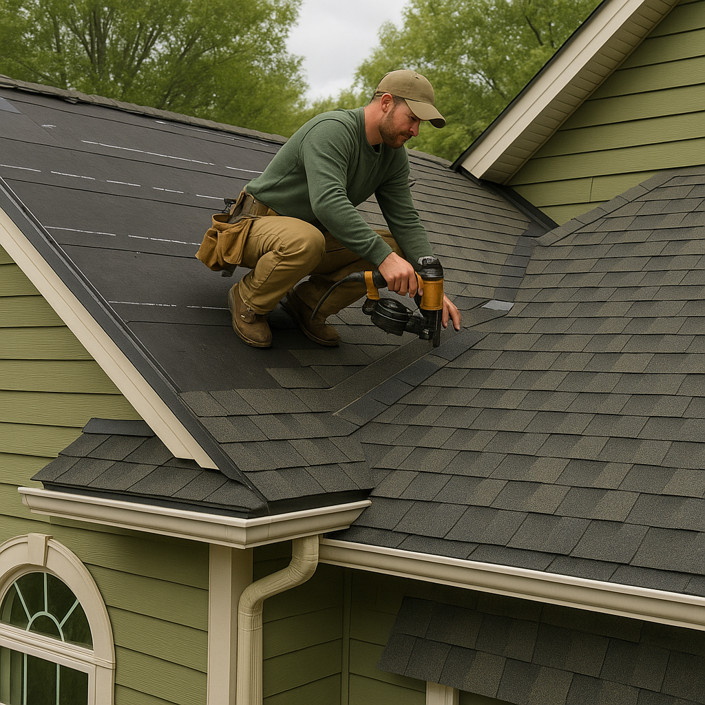 Roofing contractor installing asphalt shingles with expert technique