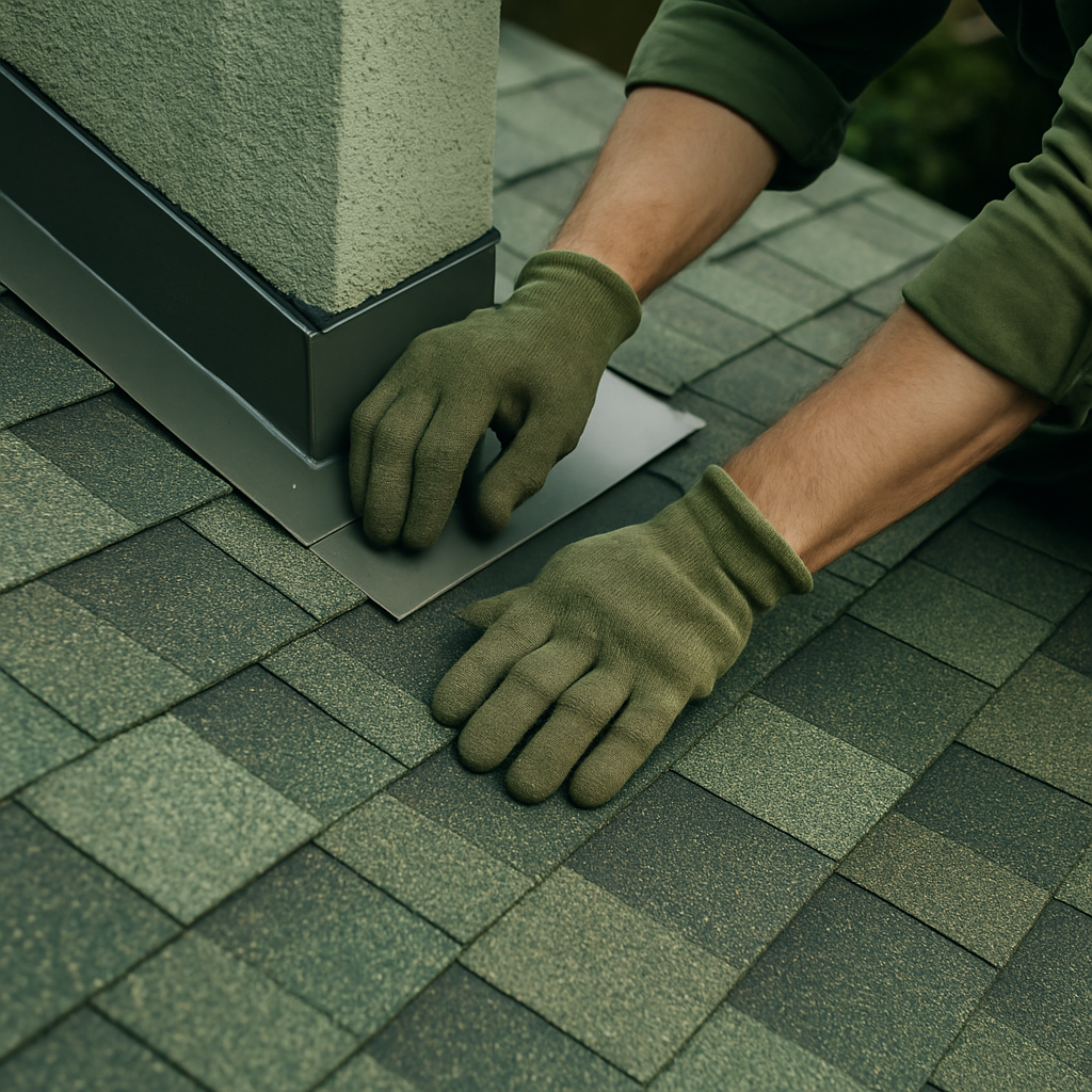 Professional roof repair work showing detailed craftsmanship and expert technique on residential structure